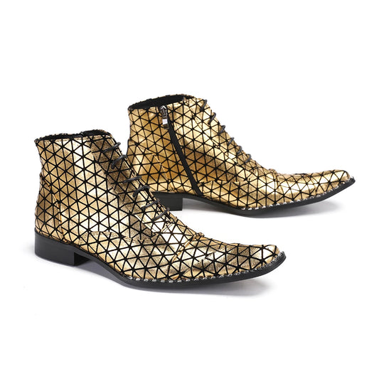 Luxury Gold Lace Up Men Short Boot Fashion Wedding Party Prom Ankle Boots Male Plus Size Nightcliub Business Ball Formal Shoes