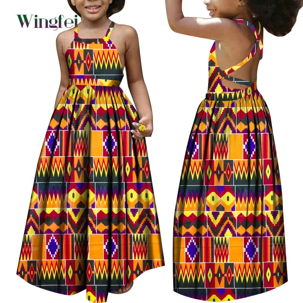 African Dresses for Girls Dashiki Children Clothes Ankara Fashion Floral Print Halter Long Dresses Kids African Clothes WYT728