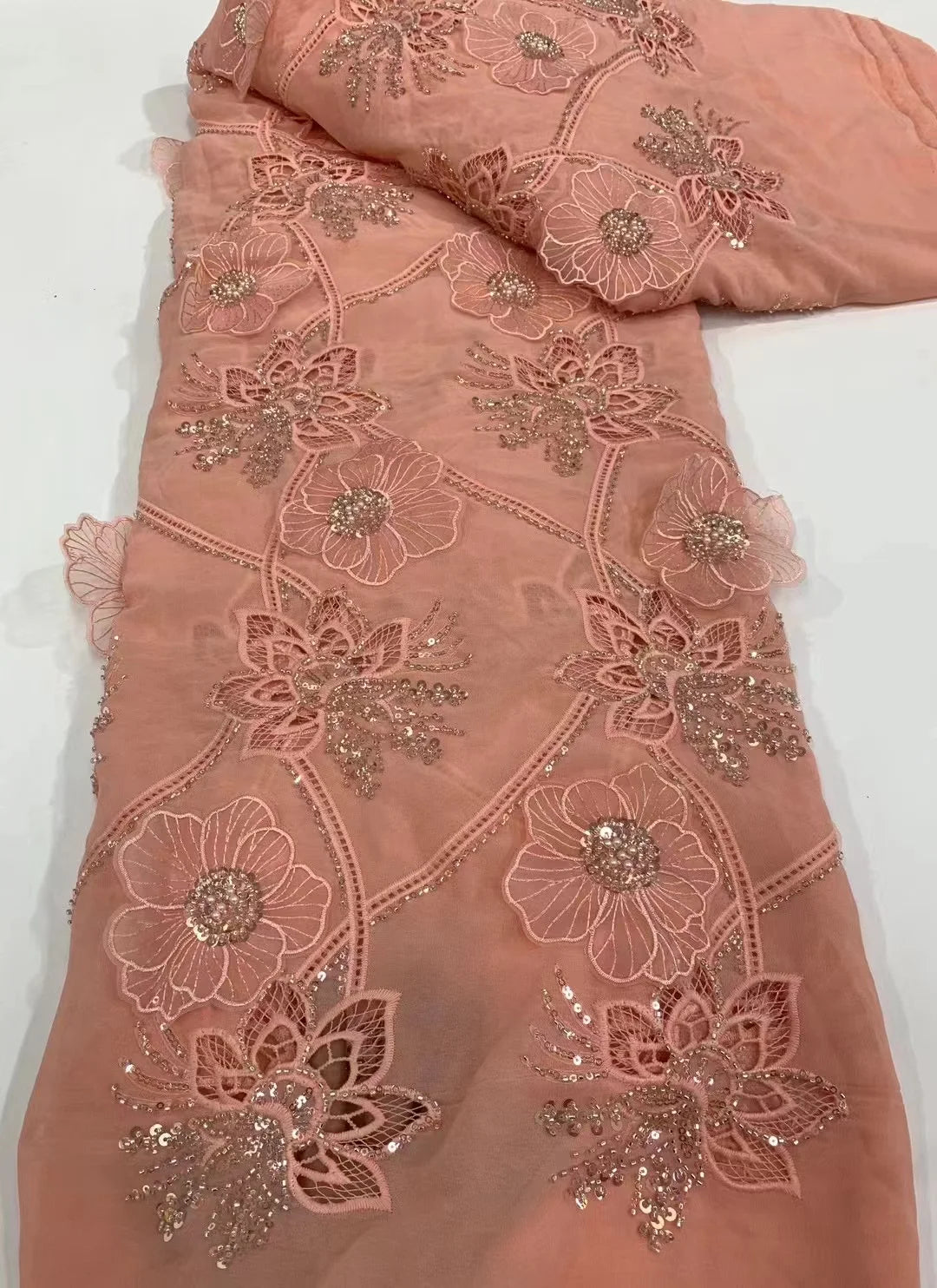 African Chiffon Lace Fabric High Quality Lace Material peach Nigerian French Lace Fabric For Women Wedding Party
