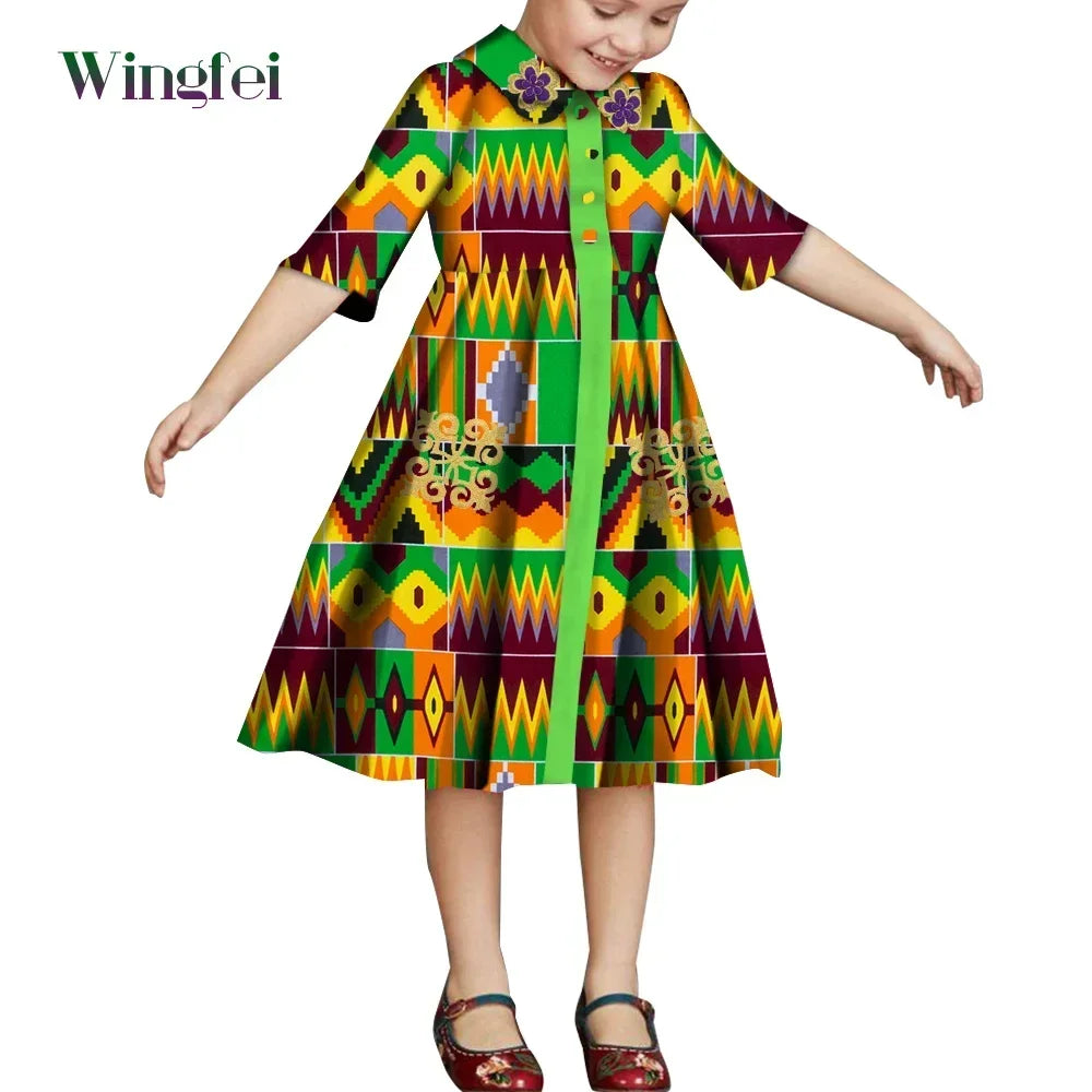 African Clothes for Children Floral Print Girls Dresses Dashiki Party Clothes Short Sleeve Ankara Baby Dresses WYT687