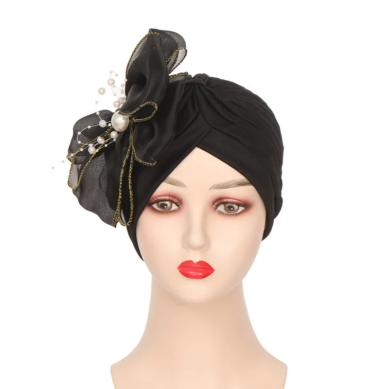 Lastest Indian Big Flower Turban Women Muslim Bowknot Hijab Hat African Auto Gele Headtie Wedding Aso Oke Cap Headscarf Bonnet