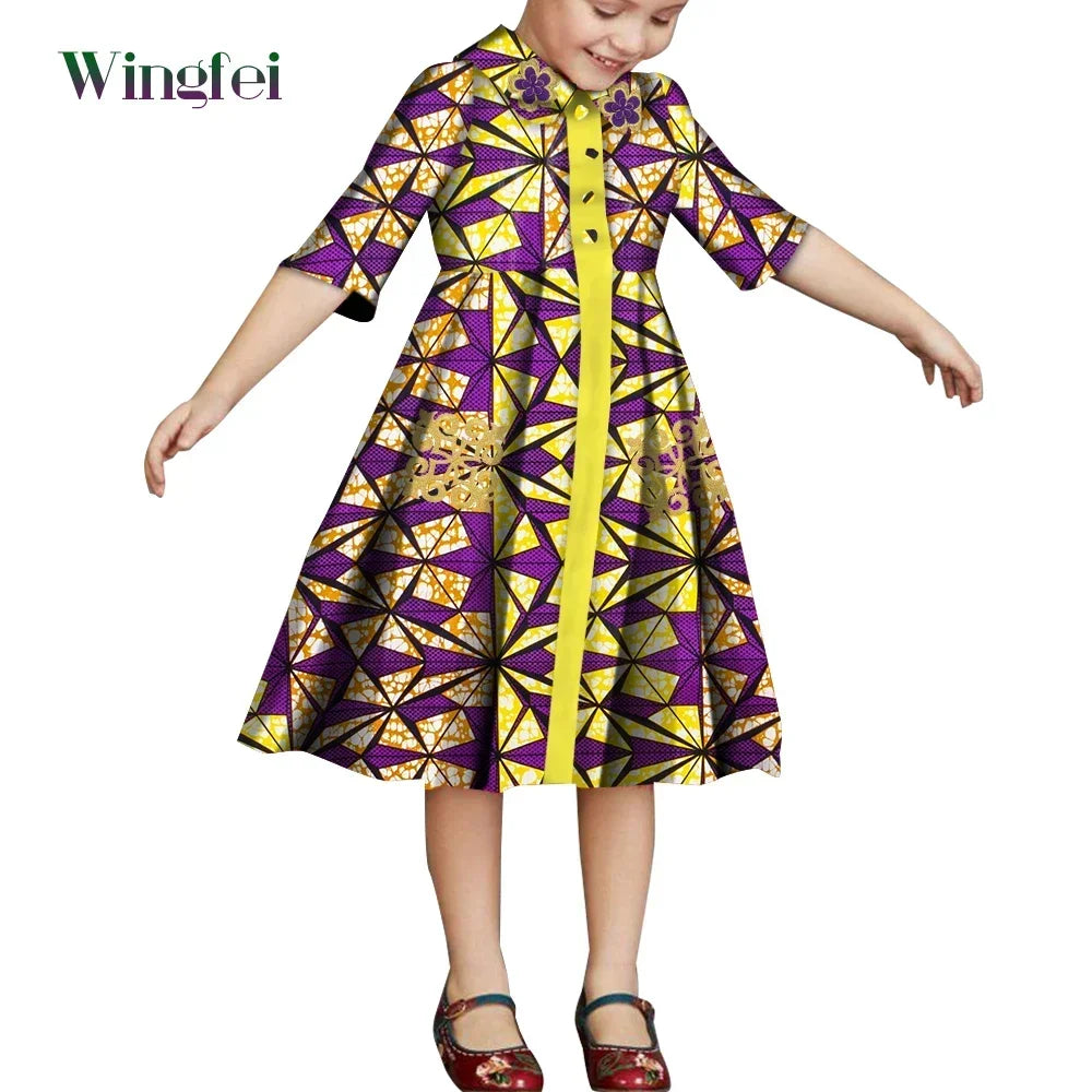 African Clothes for Children Floral Print Girls Dresses Dashiki Party Clothes Short Sleeve Ankara Baby Dresses WYT687
