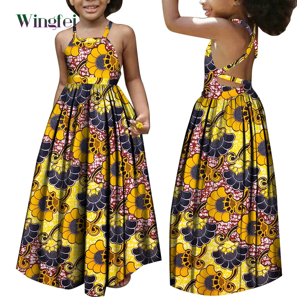 African Dresses for Girls Dashiki Children Clothes Ankara Fashion Floral Print Halter Long Dresses Kids African Clothes WYT728