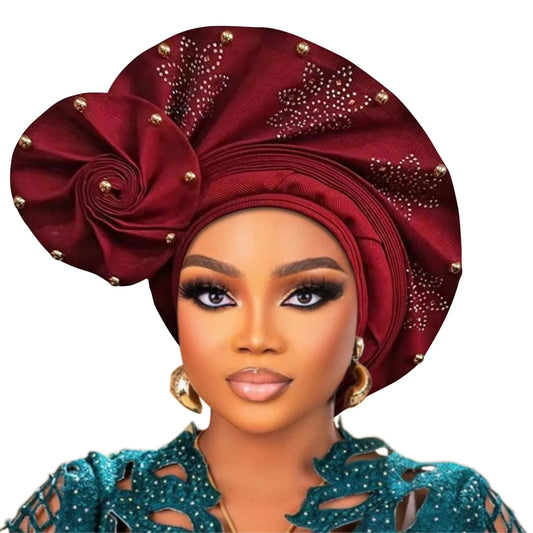 2025 New Auto Gele Headtie Already Made African Head Wraps for Women Nigerian Aso Oke Beads Flower Bonnet Hijab Wedding Headgear