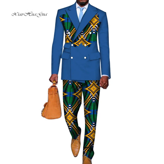 2 Pieces set Blazer and Pants Mens African Clothing Ankara Clothes Bazin Riche African Wax Print Top Suits and Pants Sets WYN740