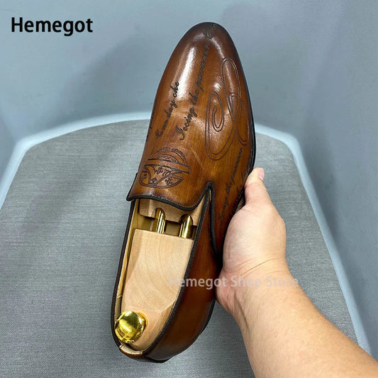 Italian Style Hand Painted Lettering Men's Shoes Leather Dress Shoe Slip-On Business Casual Single Shoes Party High Quality Shoe