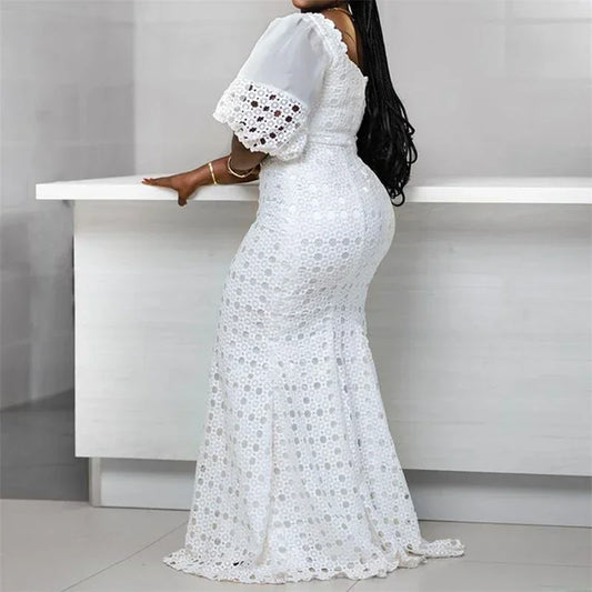 Plus Size Lace Dress Ankara Style White African Dresses For Women Long Bodycon Hollow Out Outfits Dubai Turkey Marocain Boubou