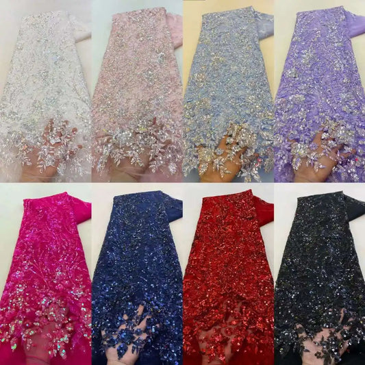 Latest African Lace Fabric High Quality Sequins Groom Fabric Embroidery For Women Wedding Party Dress Mesh Fabric 5 Yards