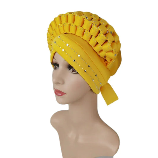 Diamonds African Pre-Tied Bonnet Turban Knot Cap Headwrap Hat Hijab Women Scarf African Auto Geles Aso Oke Headtie Ready To Wear