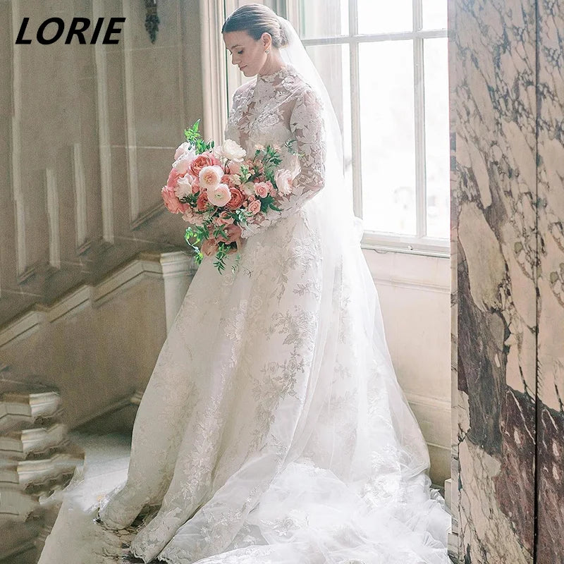 LORIE Vintage Lace High Neck Wedding Dresses Long Sleeves Elegant A-Line Boho Bridal Gowns Ivory Appliques Princess Bride Dress