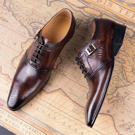 Male Genuine Leather Social Shoe Oxford Elegant Man Dress Shoes Hand Lace-up Pointed Party Wedding Shoes Black Coffee Shoes