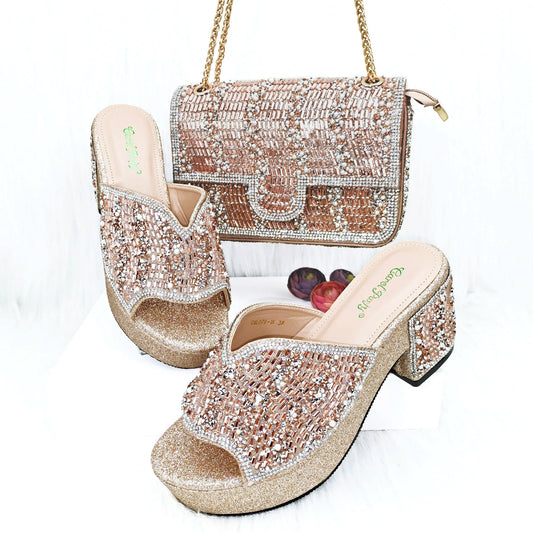 QSGFC Nigerian Peach High Heels Paired With Square Bag Rhinestone Studded Sequin Women's Sandals Are Suitable For Daily Parties