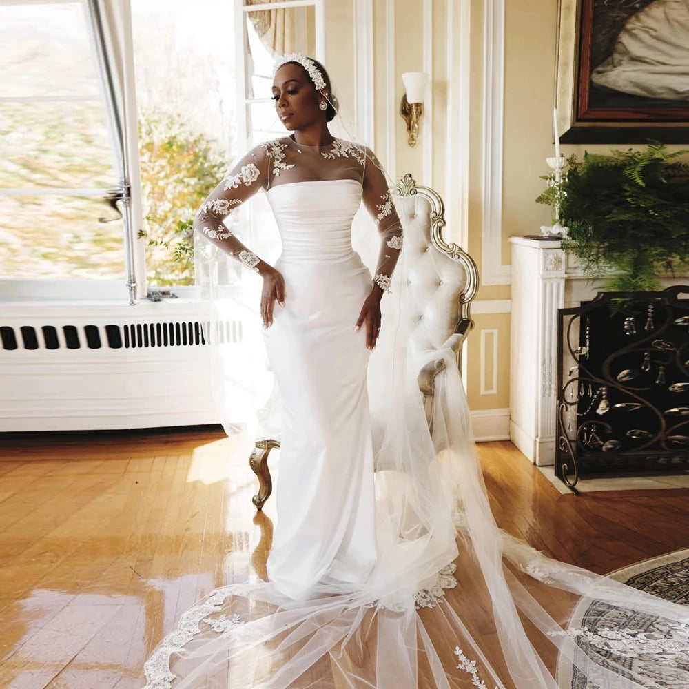 Vintage Satin Mermaid Africa Wedding Dress Elegant Appliques Taffeta Long Aso Ebi Bridal Gowns Illusion Flowers Prom Party Gowns