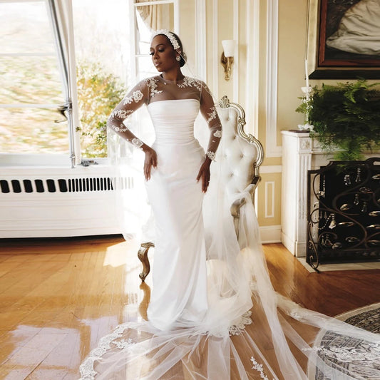 Vintage Satin Mermaid Africa Wedding Dress Elegant Appliques Taffeta Long Aso Ebi Bridal Gowns Illusion Flowers Prom Party Gowns
