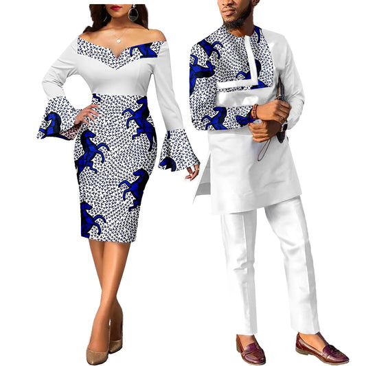 African Couple Clothes Ankara Print Dresses for Women & Men's Dashiki Suits Wedding Party African Attire