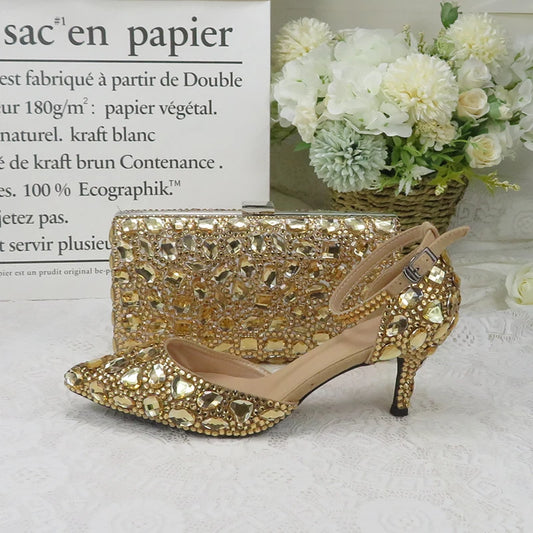 2021 new champagne colored rhinestone bridal dress shoes with bag rhinestone high heels ankle strap women's party dress shoes