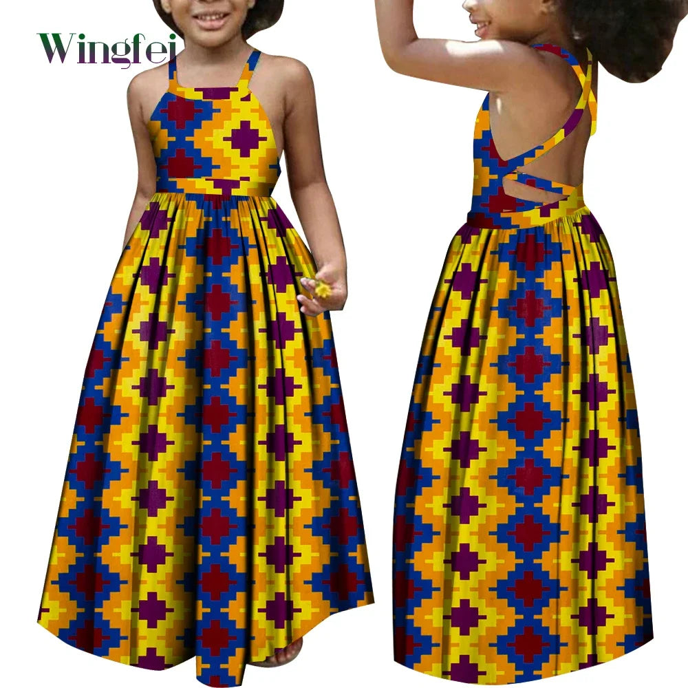African Dresses for Girls Dashiki Children Clothes Ankara Fashion Floral Print Halter Long Dresses Kids African Clothes WYT728