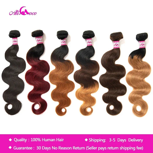 Ali Coco Brazilian Body Wave Hair Extensions "8-30" inch 100% Human Hair Weave Bundles 3/4 PCS Omber Remy Hair Bundles