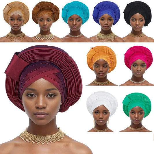 African Nigeria Bonnet Party Turban Pleated Turban Cap for Women Ready to Wear Aso Oke Already Made Auto Gele Headtie Head Wrap