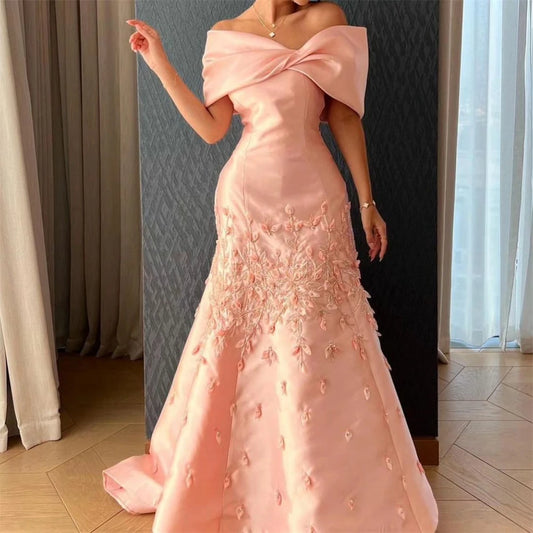 V Neck Off the Shoulder Beads 3D Flowers Satin Formal Occasion Evening Gown