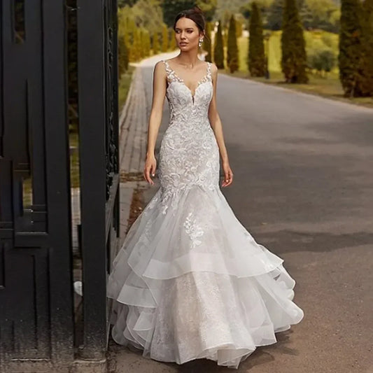 Elegant white tulle wedding dress with halter Sweetheart applique Mermaid floor-length bridal gown vestidos de novia 웨딩드레스