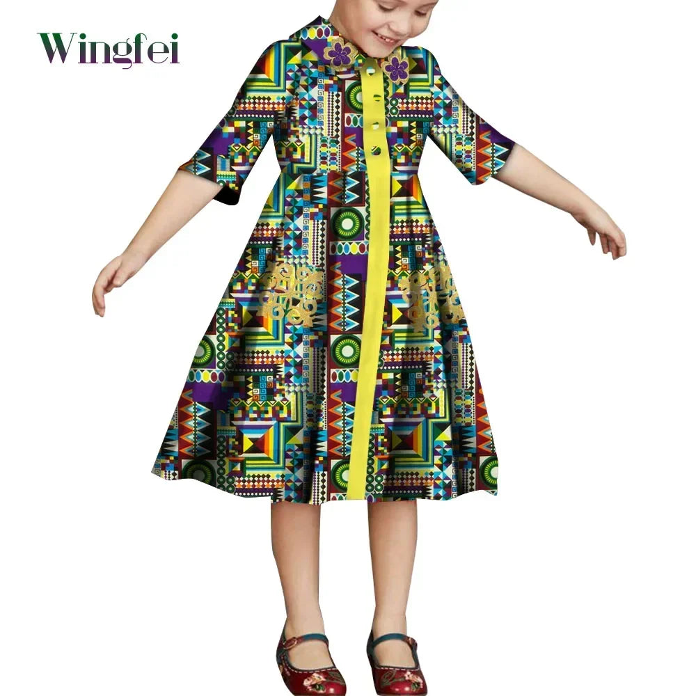 African Clothes for Children Floral Print Girls Dresses Dashiki Party Clothes Short Sleeve Ankara Baby Dresses WYT687