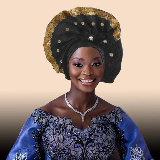 Beaded Turban Cap for Women African Wedding Headwear Auto Gele Aso Oke Headties Hijab Bonnet Head Wrap Hat Nigeria Headgear