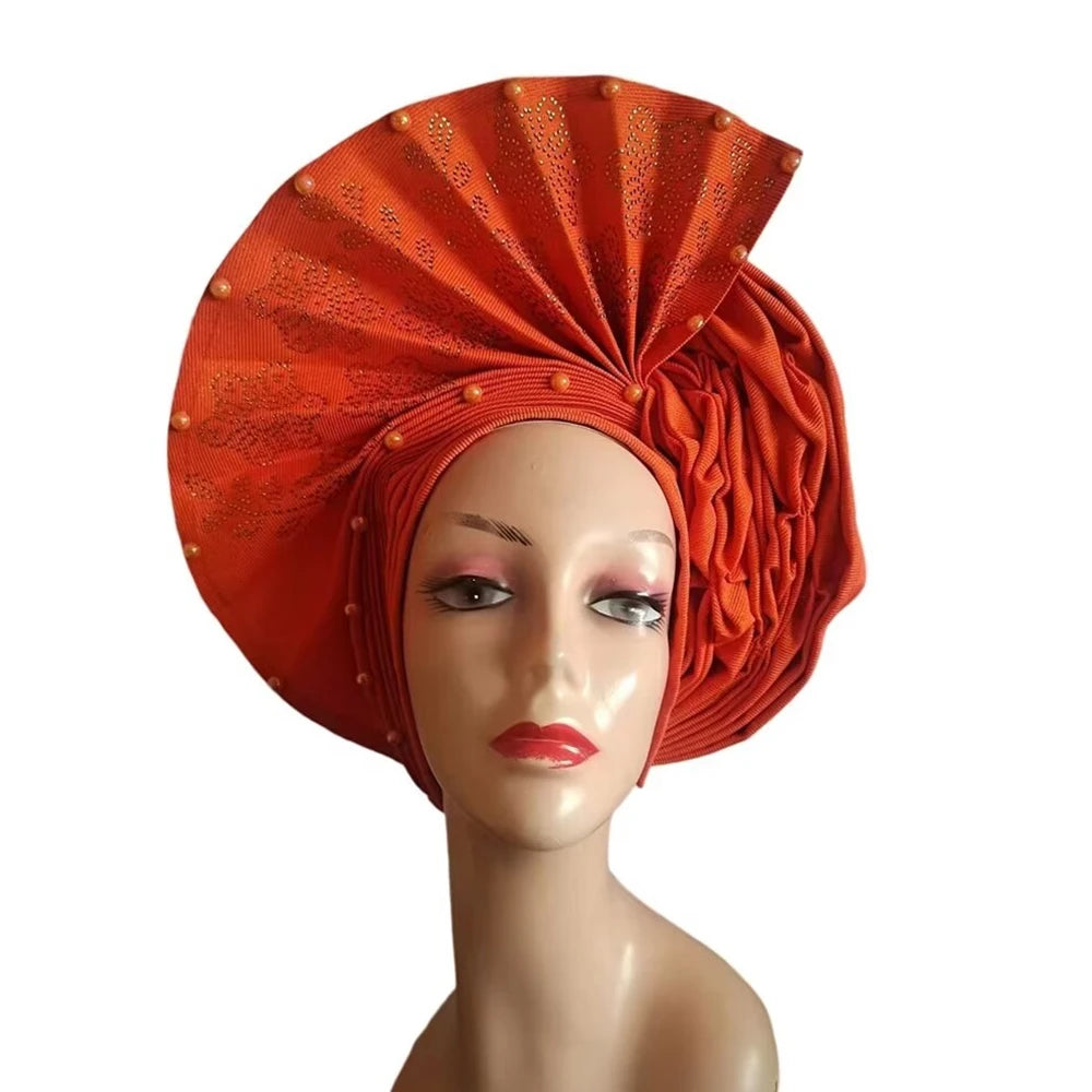 Gold Headtie Auto Gele With Stones African Sego Headtie Already Made Gele Aso Ebi Nigerian Turban Cap For Wedding