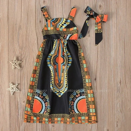 Kids Girls African Bohemian Sleeveless Long Print Bazin Dress Children Ankara Danshiki Carnival Party Stage Performance Costumes
