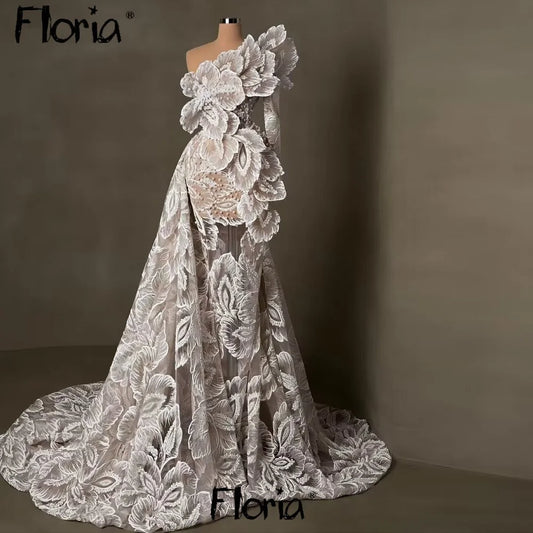 Floral Lace Appliques Wedding Dress Dubai One Shoulder Gorgeous Bridal Gowns Arabic Customizable 2IN1 Pearls Wedding Gown