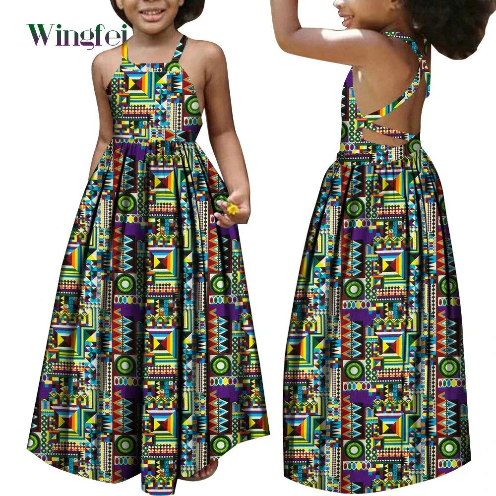African Dresses for Girls Dashiki Children Clothes Ankara Fashion Floral Print Halter Long Dresses Kids African Clothes WYT728