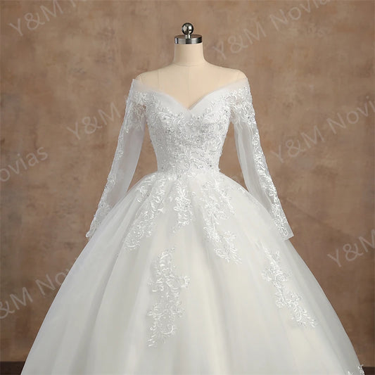 Real video Ball Gown Off Shoulder Wedding Dresses Full Sleeve Sweetheart Lace Appliqus Bead Wedding Dresses For Women New
