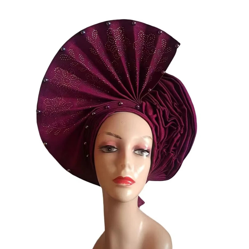 Gold Headtie Auto Gele With Stones African Sego Headtie Already Made Gele Aso Ebi Nigerian Turban Cap For Wedding