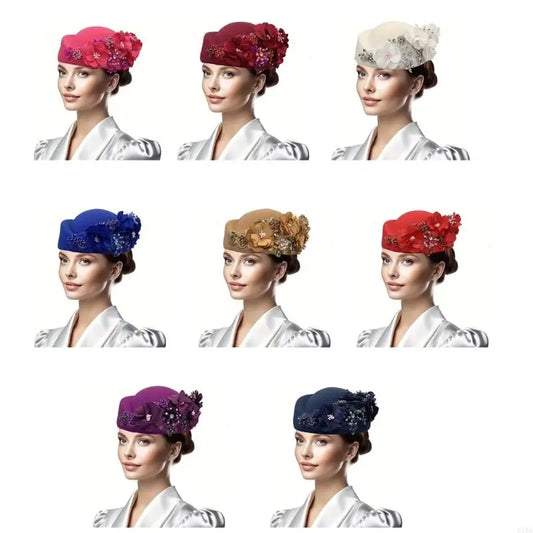 R1WE Women Church Baptism Hat Wool Hat for Horseracing Roleplay Bolwer Hat Formal Occasion Cosplay Costume Hat