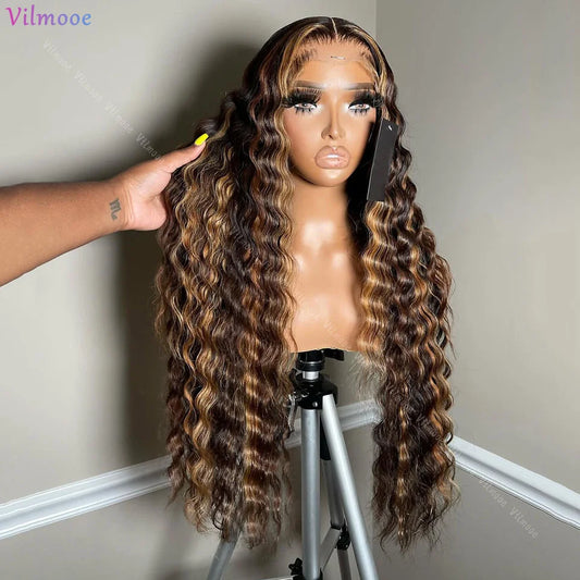 Curly 13x4 Brown Root 180 Density Lace Frontal Wig 4/27 Highlight Ombre HD Deep Wave 5x5 Silk Base Human Hair Lace Closure Wigs