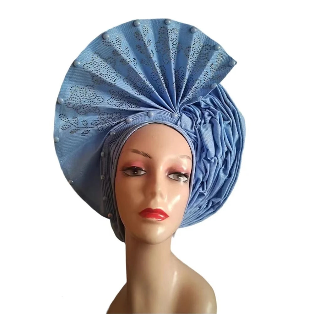 Gold Headtie Auto Gele With Stones African Sego Headtie Already Made Gele Aso Ebi Nigerian Turban Cap For Wedding
