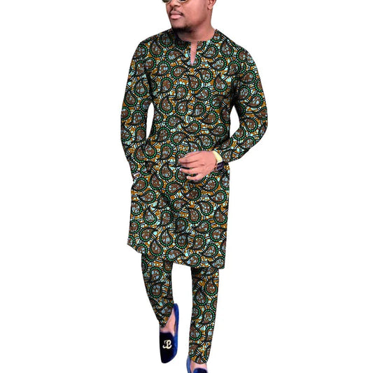 V Neck Design Tops Patch Waist Pants African Print Men's Set Tailored Nigerian Fashion Party Outfits