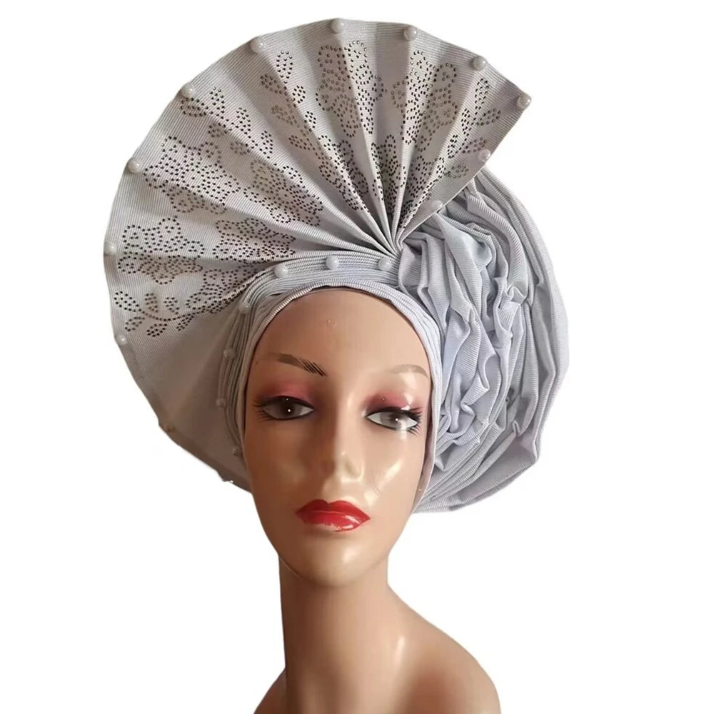 Gold Headtie Auto Gele With Stones African Sego Headtie Already Made Gele Aso Ebi Nigerian Turban Cap For Wedding