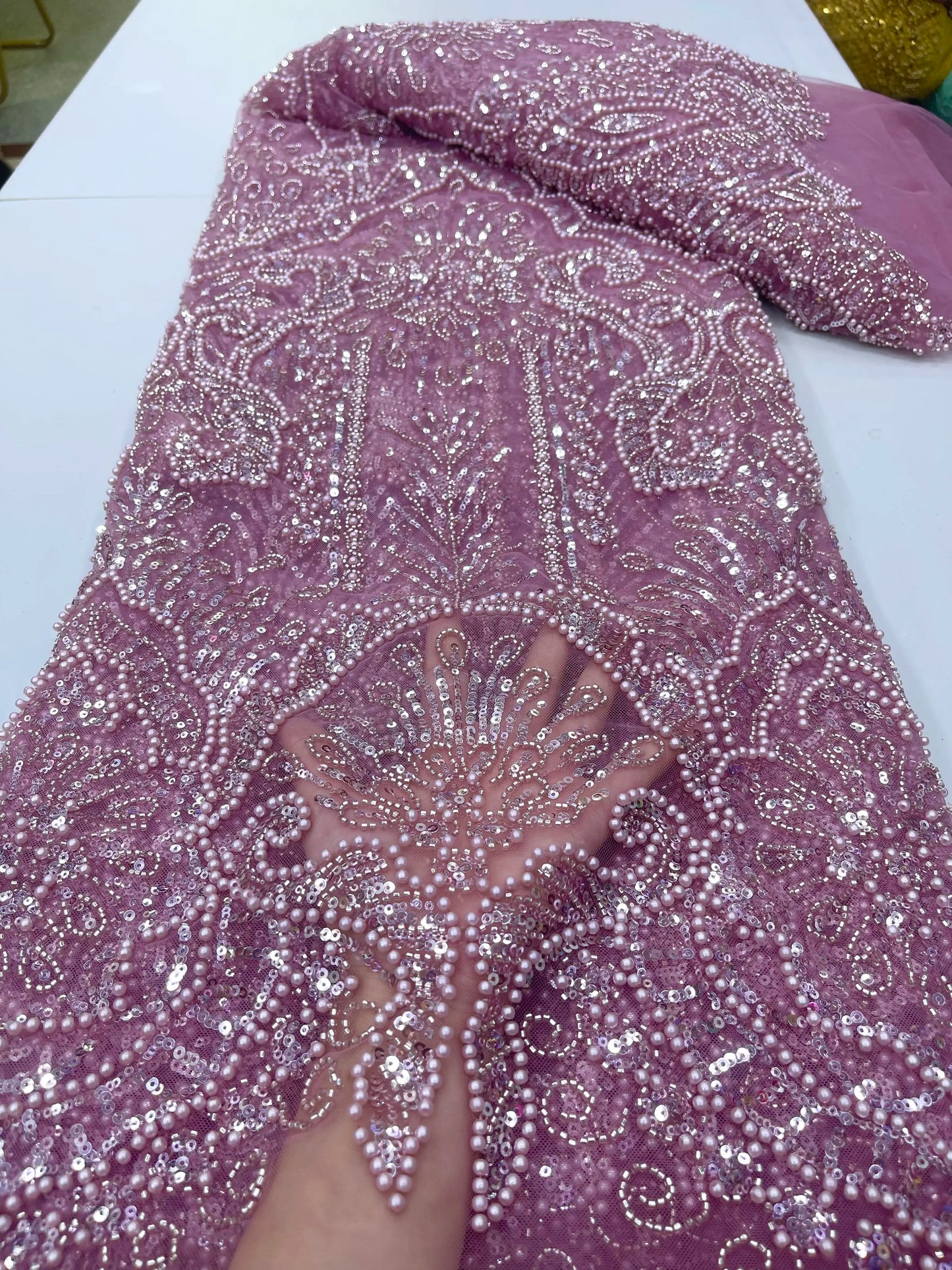 Gold French Beaded Lace Bride Fabric 5 Yards High Quality African Sequin Lace Fabric Nigeria Mesh Wedding Dress for Women