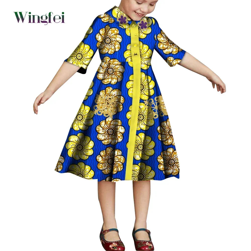 African Clothes for Children Floral Print Girls Dresses Dashiki Party Clothes Short Sleeve Ankara Baby Dresses WYT687