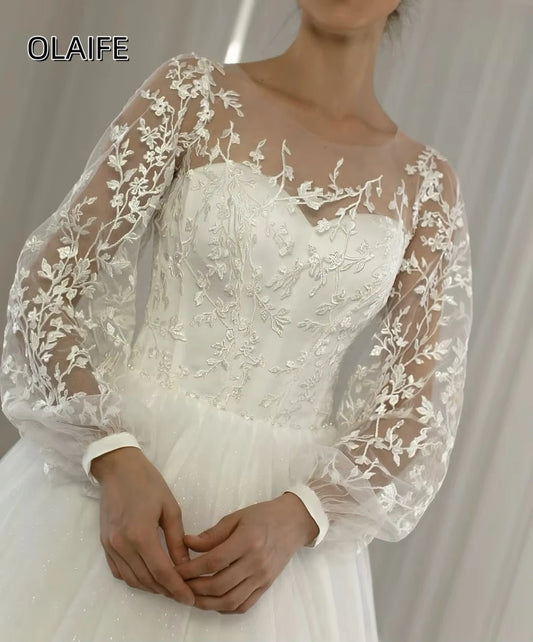Olaife Wedding Dresses Lace Appliques Corset Back Tulle Bridal Gowns Puff Sleeves A-Line Floor Length vestidos de novia