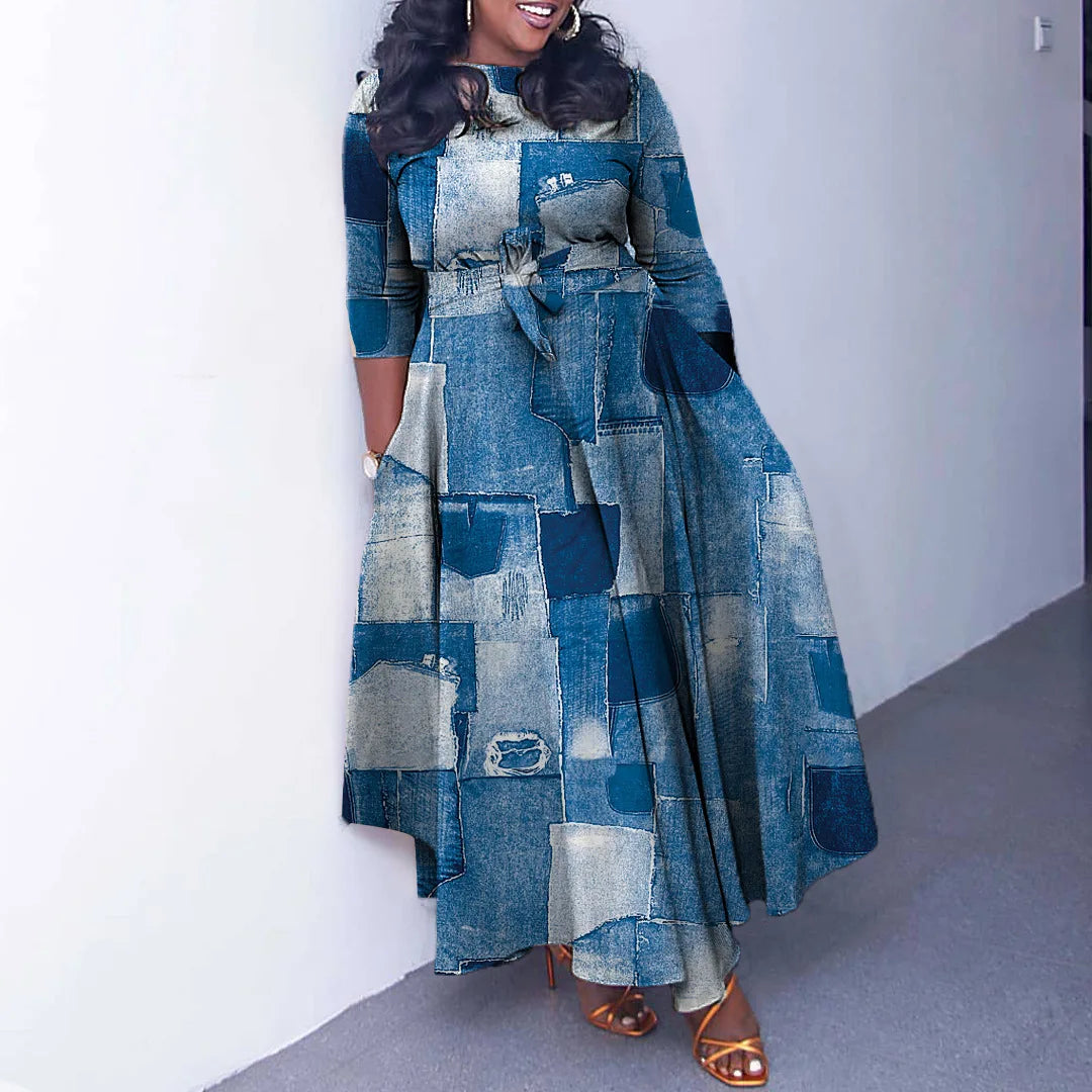 African Dresses for Women Plus Size Polyester Africa 3/4 Sleeve Dashiki Abaya Print Maxi Dress Africa Clothes Ankara Dress
