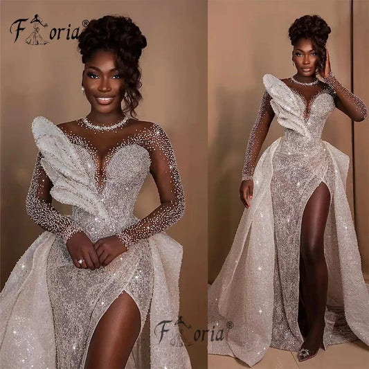 Elegant White Mermaid Wedding Dress with Long Detachable Train Heavy Beads Leaf Evening Party Gown Celebrity Occasion Dresses