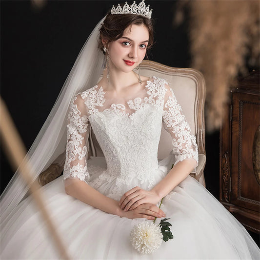 Elegant O-neck Appliques Lace Illusion Ball Gown Wedding Dresses for woman Sweep Train Bridal Gowns Vestidos De Noiva
