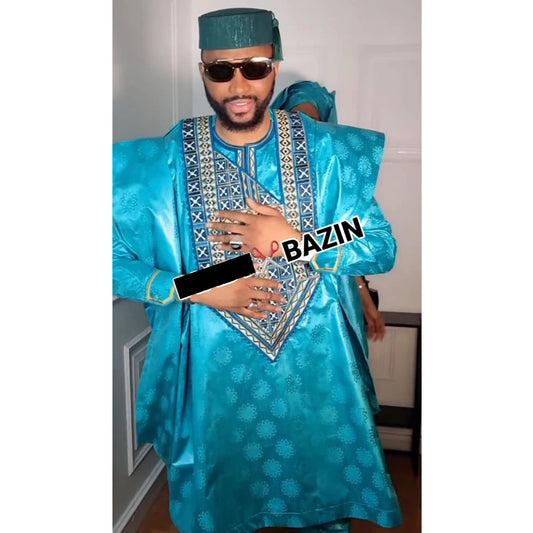 H&D African Traditional Wear Formal Attire Bazin Riche Dashiki Green Shirt Pants Robe Suit Agbada Men's wedding party