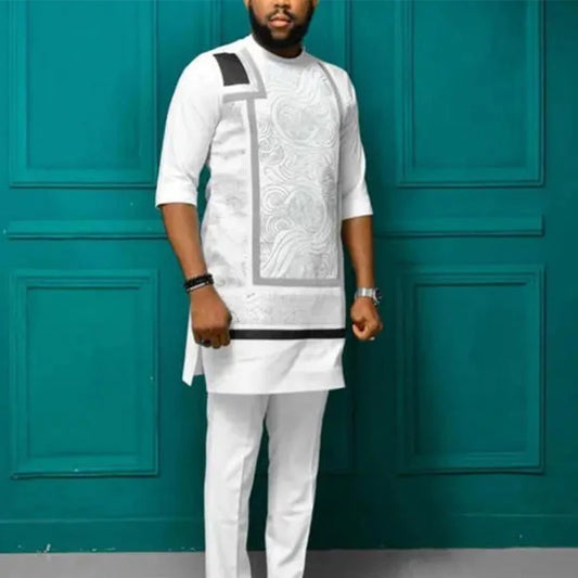 African Summer Two Pieces Set Men Round Collar Print Shirt Pants Suit Africa Traditional Ethnic Party Slim Outfits