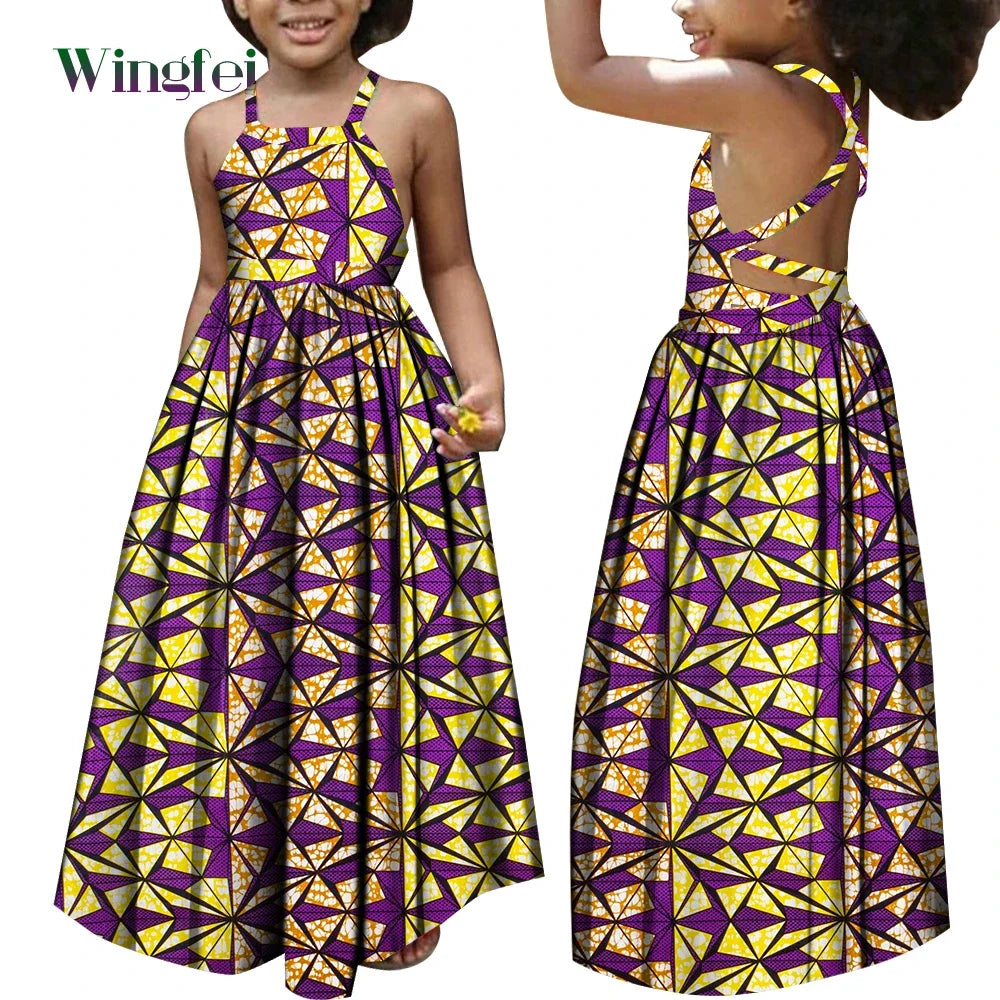 African Dresses for Girls Dashiki Children Clothes Ankara Fashion Floral Print Halter Long Dresses Kids African Clothes WYT728