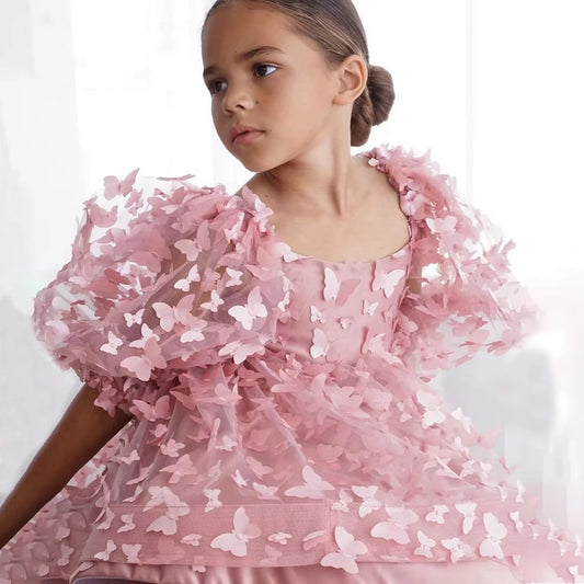 Customized Lovely Pink Flower Girl Dress For Wedding 2025 3D Butterfly Appliques Backless Birthday Party First Communion Gown