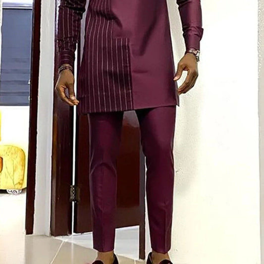 Africa Men Two Piece Suit Stripe Printed Long Sleeve Round Collar African Traditional Top Shirt Pants Casual Gentleman Outfits