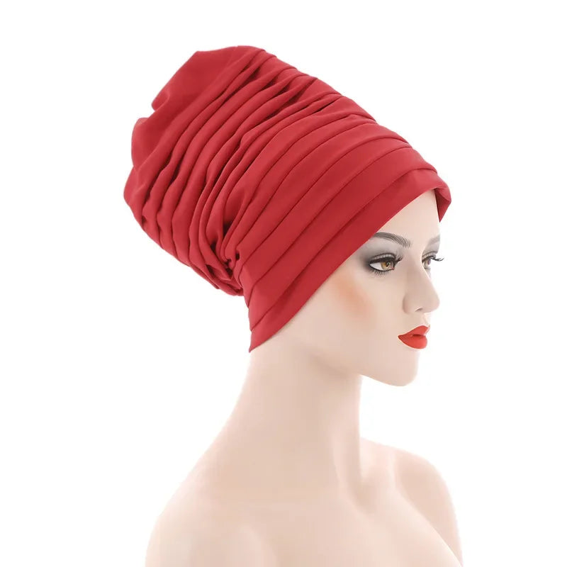 New Candy Color Head Wraps Muslim Hijab Bonnets Fashion Headwear Pleated Turban Cap for Women African Auto Geles Aso Oke Headtie